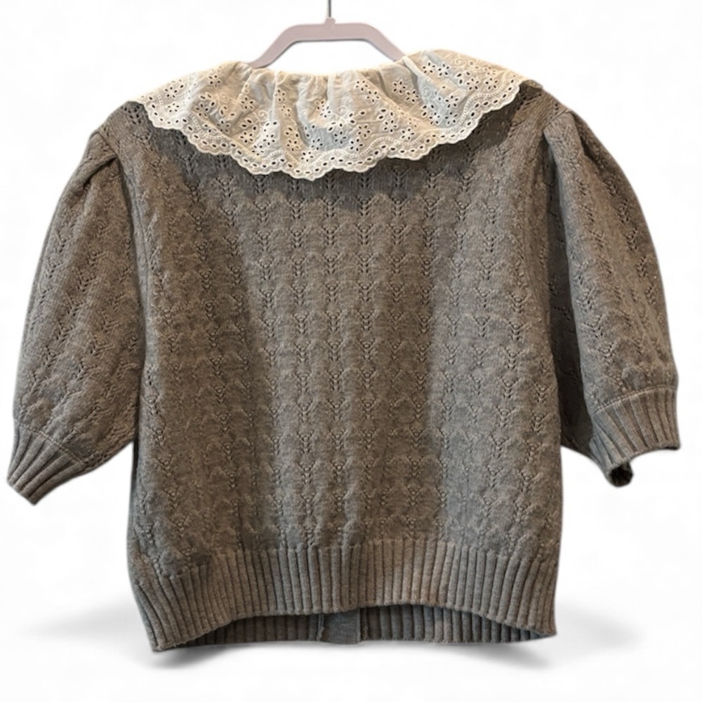 Mable Adley Lace Collar Cardigan Gray Cable Knit Eyelet Collar Large - Picture 8 of 10